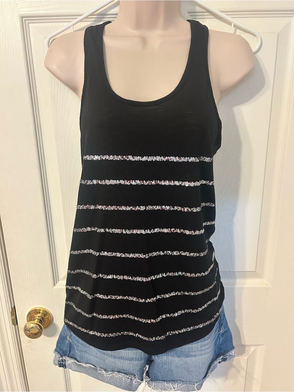 Women’s Juniors, Vanity,  Black Tank Top with Silver Sequin Stripes, Size Small